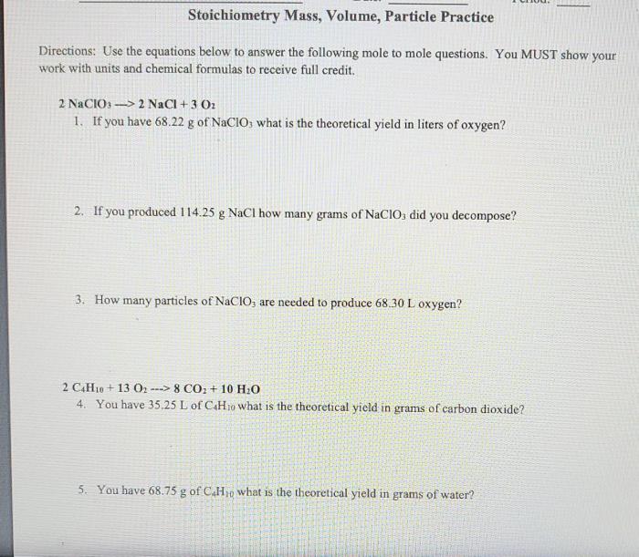 Stoichiometry mass volume particle practice answer key